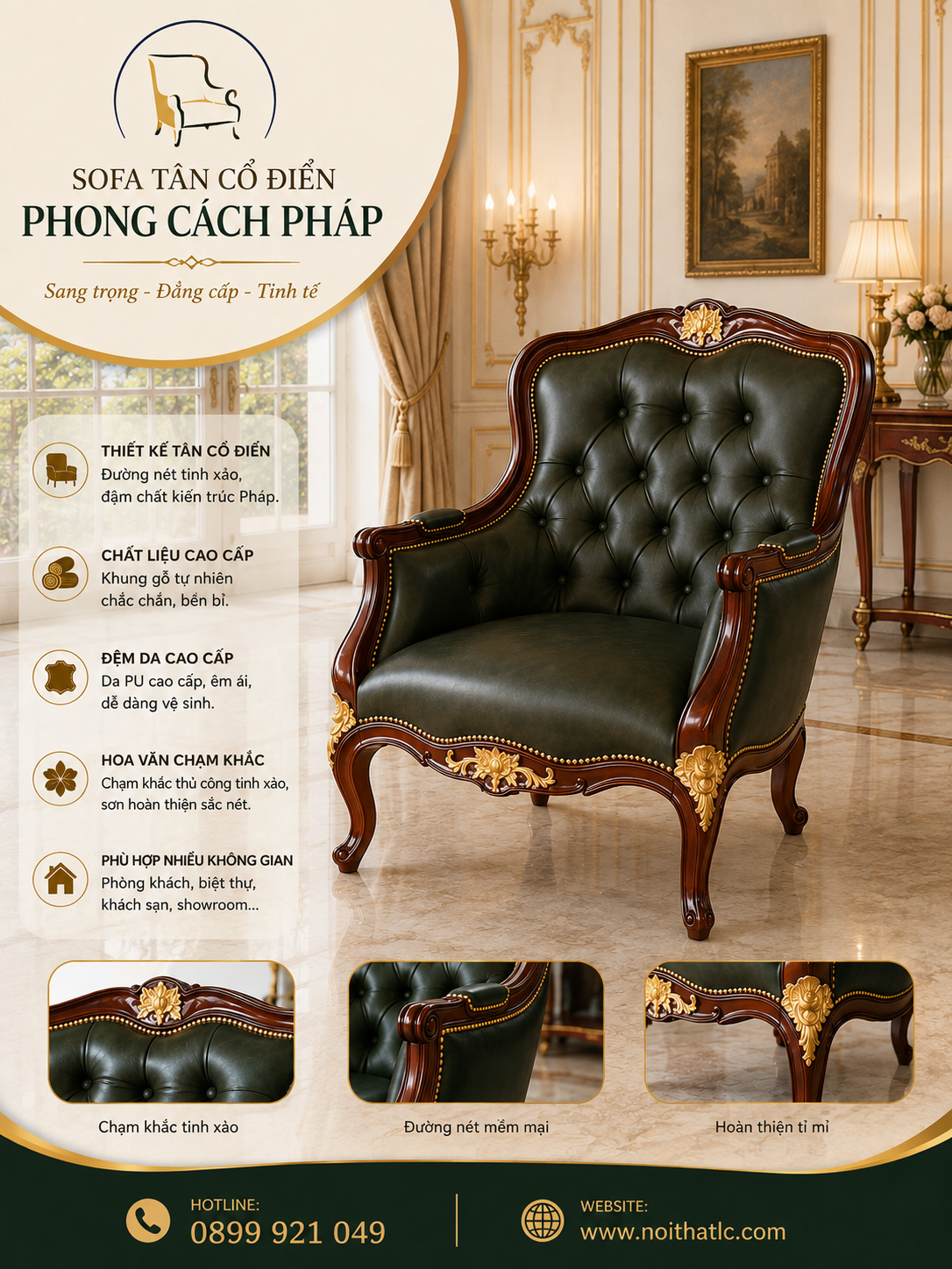 BỘ SOFA CỔ ĐIỂN LOUIS 15 CHẠM BÔNG HỒNG BỌC DA